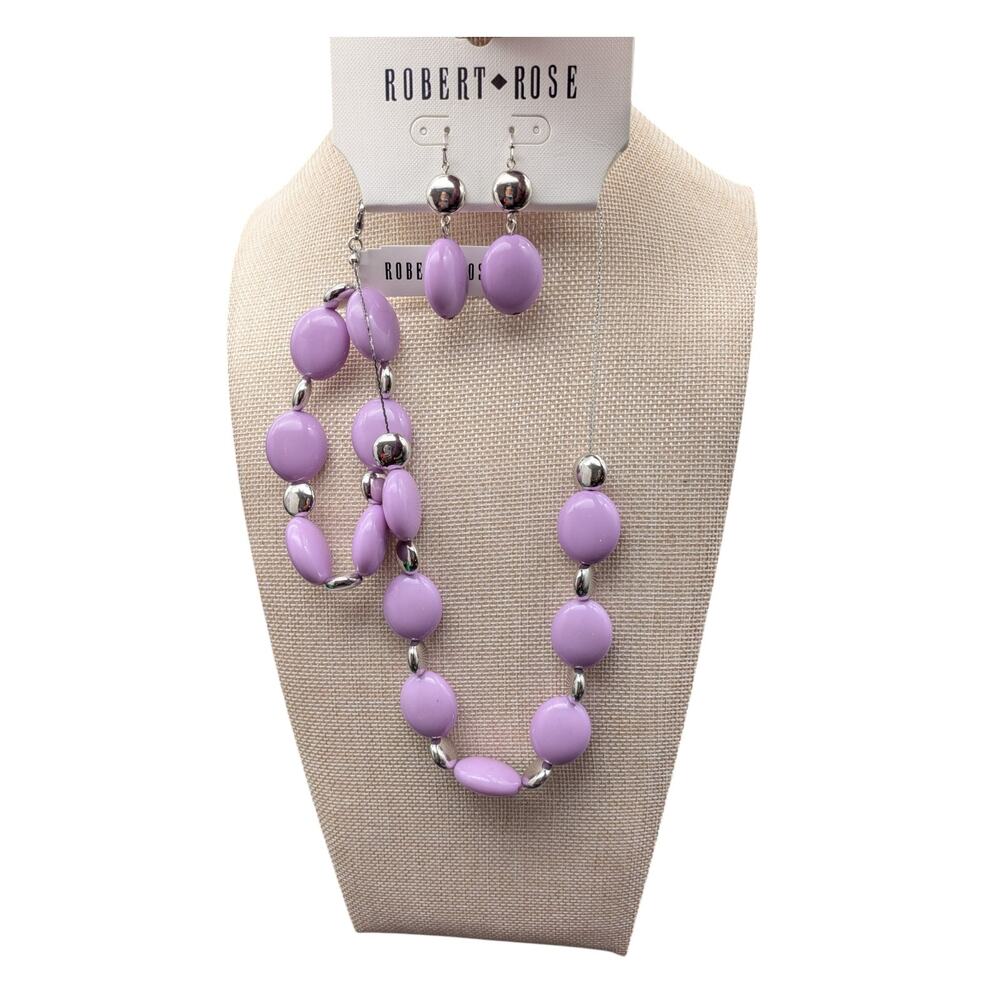 Robert Rose Lavender Beaded Necklace Bracelet Earrings Set Silver Tone Jewelry